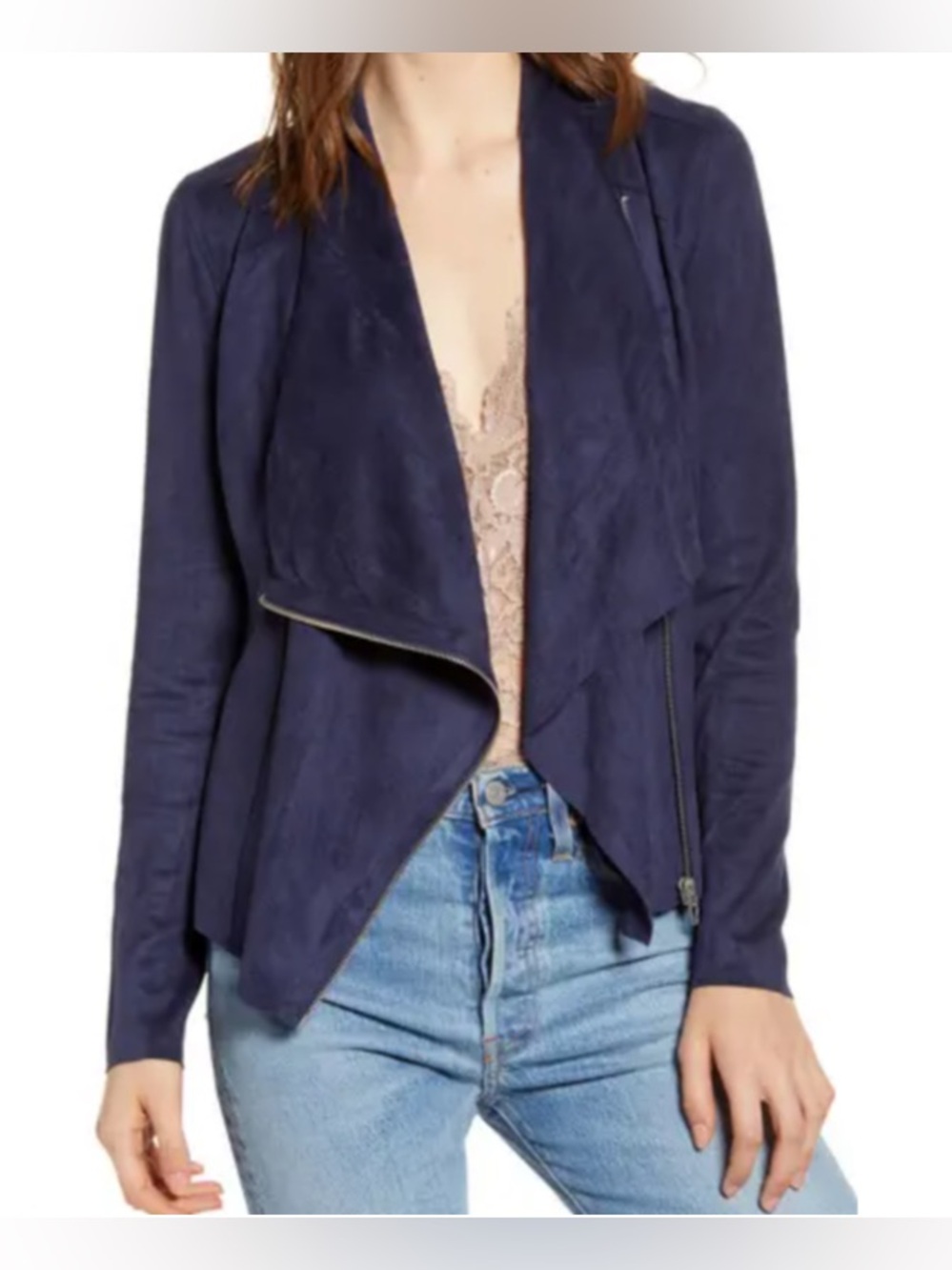 Blank NYC Navy Draped Asymmetrical Suede Moto Jacket